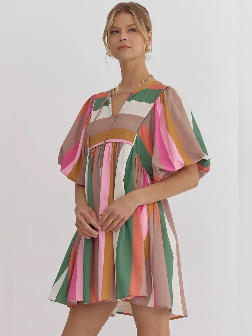 Entro Multicolor Vertical-Stripe Puff-Sleeve Babydoll Mini Dress size Medium